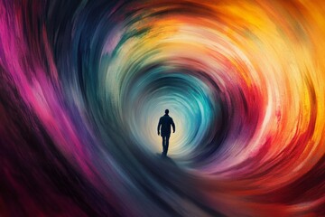 Wall Mural - a man walks through a tunnel with a rainbow on the wall