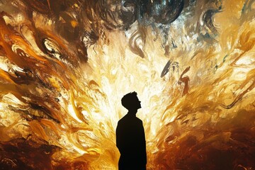 Wall Mural - A man stands in front of a fiery explosion