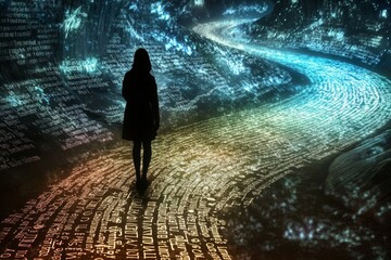 Canvas Print - a woman is walking down a path with a glowing rainbow in the background