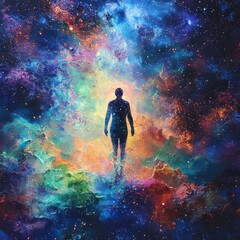 Wall Mural - A person is walking through a colorful, starry sky