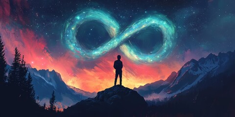 Wall Mural - A man stands on a mountain top, looking out at a beautiful, starry sky