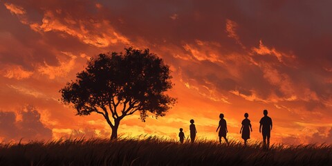 Poster - Family Silhouette Walking Together at Dusk with Topaz Sky Colors
