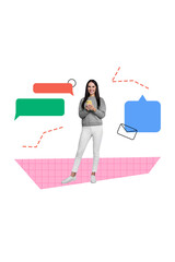 Aufkleber - Vertical photo collage of young smiley woman stand hold smartphone texting chatting online in social media on drawing background