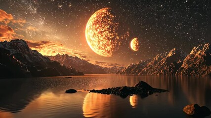 Beautiful scene of a large planet with two smaller planets in the background. The sky is filled with stars and the water is calm