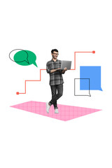 Aufkleber - Vertical photo collage of young smile guy hold laptop type browsing internet online textbox message notification on creative background
