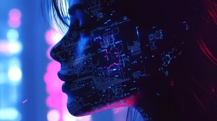 Poster - A woman's face is projected onto a computer screen