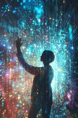 Wall Mural - A person is reaching out in the air in front of a colorful background