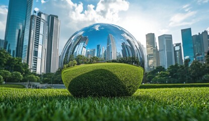 Wall Mural - reflective sphere in a city park showcasing urban harmony