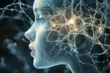 Poster - A woman's face is shown in a computer generated image with a web of wires