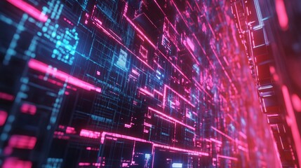 Poster - Abstract Digital Data Stream Neon Pink Blue Tech Background