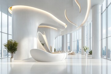 Wall Mural - Modern white luxury office lobby with panoramic city view.