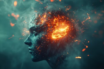 Poster - Surreal Digital Brain in Storm of Glowing Light and Energy