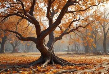 Wall Mural - Abstract autumn tree with tangled branches and dry leaves, leaf, autumn colors, tree