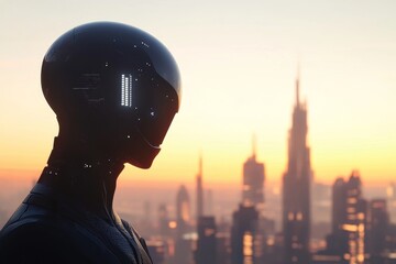 Poster - Futuristic Silhouette of AI Figure Against Urban Skyline at Dusk
