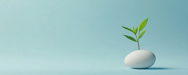 Canvas Print - Small plant sprout growing from a white egg on a light blue background.