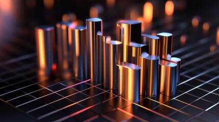 Poster - An abstract D bar graph with metal-textured bars on a black grid background, with highlights and shadows creating depth and a high-tech feel