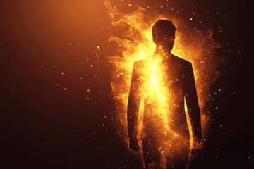 Canvas Print - a man is standing in front of a fire, with his body glowing in the flames
