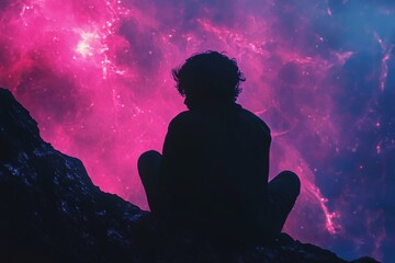Wall Mural - A man is sitting on a rock in front of a purple sky