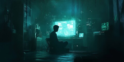 Wall Mural - A man is sitting in a chair in front of a computer monitor