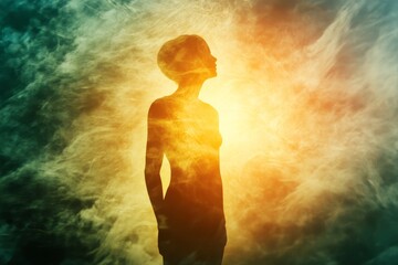 Wall Mural - A woman is standing in front of a cloud of smoke