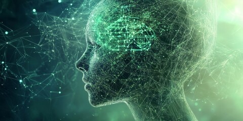 Poster - A woman's face is shown in a greenish color with a lot of lines and dots