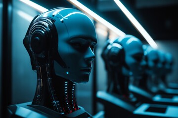Poster - A row of robot heads are lined up in a room