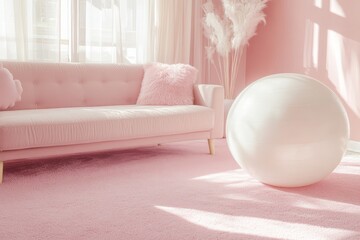 Poster - Pink living room with exercise ball and sofa.