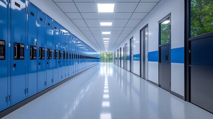  A long white school hallway with blue and black color background