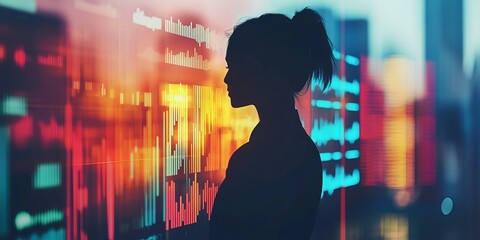 Poster - Silhouette of Businesswoman Analyzing Digital Data Visualizations and Trends