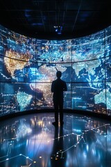 Poster - futuristic data visualization: man engages with interactive global map screen
