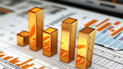 Poster - A close-up of a D bar chart with rising bars representing financial growth, set against a backdrop of financial data and charts on a computer screen.
