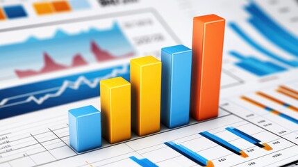 Poster - A close-up of a D bar chart with rising bars representing financial growth, set against a backdrop of financial data and charts on a computer screen.