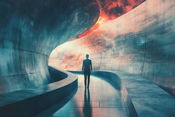 Wall Mural - A man walks down a long, narrow tunnel with a red and orange sky above him