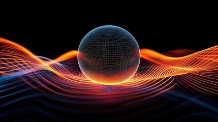 Poster - A 3D wireframe sphere surrounded by flowing light trails on a dark background