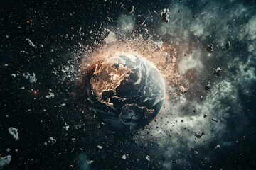 An exploding planet earth in space