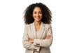© Vooglo.com - A confident businesswoman with curly hair, wearing a beige suit, arms crossed, smiling, isolated on a white background