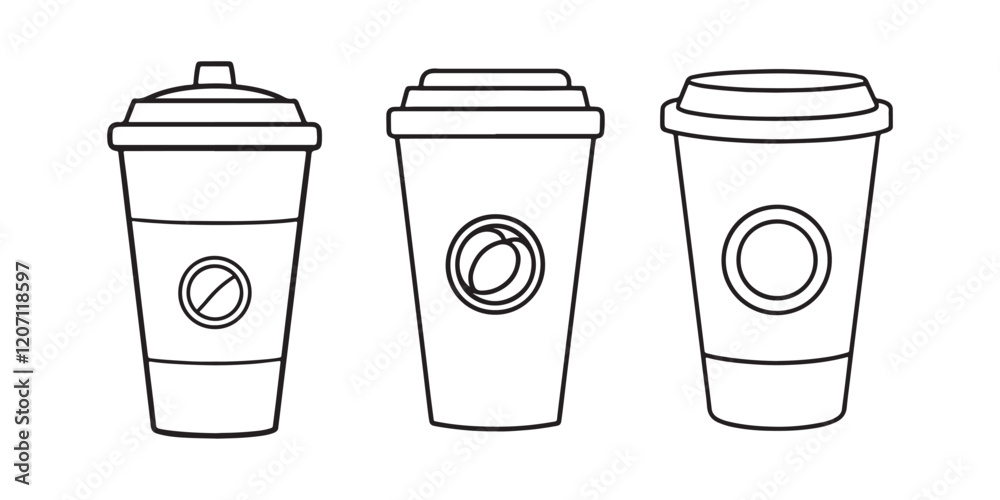 set of paper coffee cup line art, black outline, vector and ...