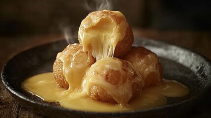 Poster - An artistic close-up of cheese balls piled high on a textured plate, with melted cheese oozing from the sides, evoking a sense of indulgence and comfort food