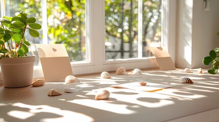 Fototapete - Sunlight illuminates seashells and envelopes on a wooden surface near a window with green trees