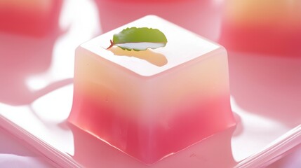 Wall Mural - Close-up of  pink and white jelly cube, and a leaf on top