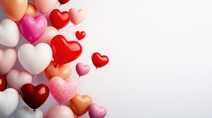 Poster - Heart shaped balloons in various colors floating against a white background for love celebration