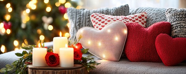 Poster - Cozy interior with heart shaped pillows and candles creating a warm and romantic atmosphere