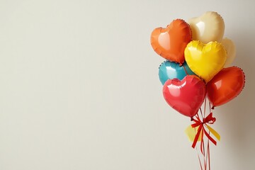 Poster - Heart shaped balloons in various colors tied with red ribbon against a plain wall background