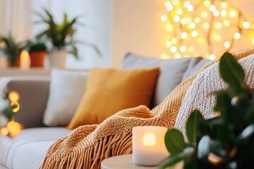 Aufkleber - Cozy home interior with warm light and soft textures creating a relaxing atmosphere