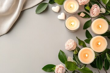 Aufkleber - Candles and Roses with Heart Stones on Gray Surface for Spa or Romantic Still Life Scene