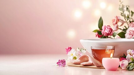 Aufkleber - Spa still life with pink flowers candle and massage stones on a light pink background