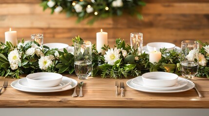 Poster - Elegant table setting with candles and floral arrangement on wooden surface for festive occasion