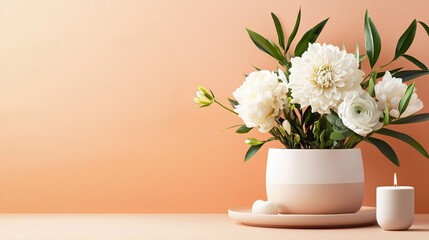 Aufkleber - White floral arrangement in pot and lit candle against peach background with copy space