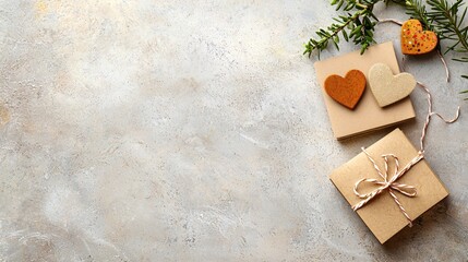 Aufkleber - Heart shaped ornaments on craft paper gifts with green sprig on textured surface