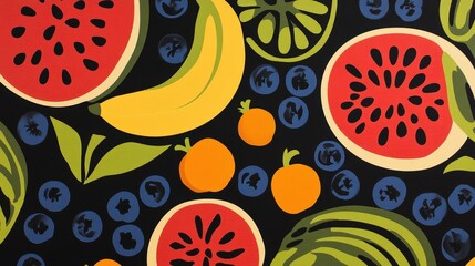 Poster - bright and modern fruit pattern with bold outlines of bananas, watermelons, and blueberries on a contrasting black background.